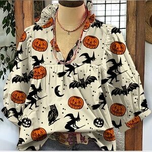 Halloween Themed Blouse with Pumpkin and Witch Print